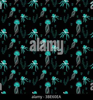 Sea life pattern teal jellyfish and seaweed on black background Stock Vector