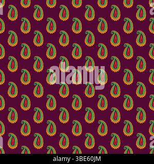 Repeating pattern of green red and yellow paisley designs on deep purple background Stock Vector