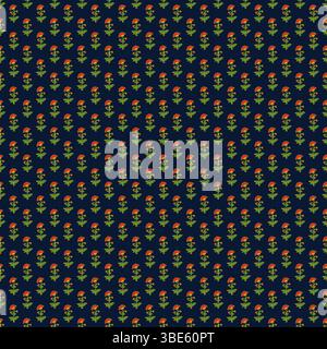 Repeating pattern of small orange and green flowers on dark blue background Stock Vector