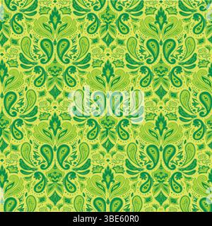 Lime green and emerald green paisley damask seamless pattern background Stock Vector