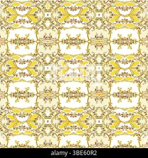 Intricate yellow and gold floral damask pattern seamless repeat textile design Stock Vector