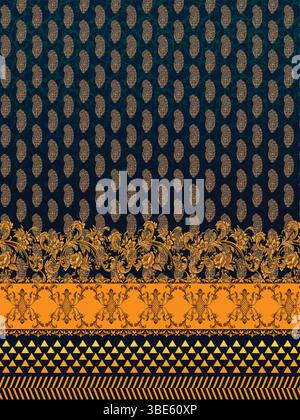 Elegant dark blue and gold paisley textile design with ornate border Stock Vector