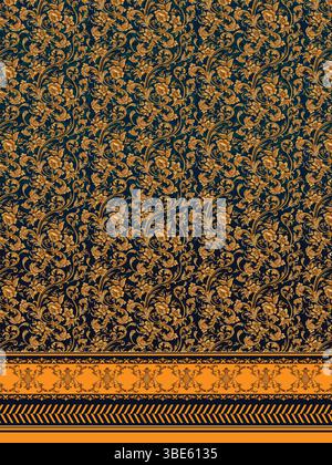 Elegant gold and dark blue floral damask fabric design with ornate border Stock Vector