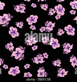 Scattered pink hibiscus flowers on black background seamless pattern Stock Vector