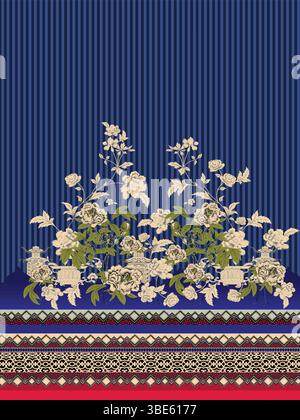 Elegant floral textile design with blue stripes and ornate border Stock Vector