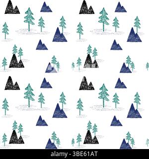 Seamless pattern design featuring simple mountains and pine trees on white background Stock Vector