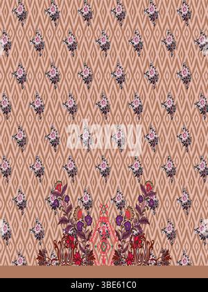 Elegant beige and purple floral textile design with ikat pattern Stock Vector