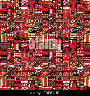 Vibrant red and black patchwork textile design with geometric and tribal motifs Stock Vector