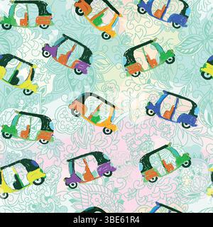 Colorful auto rickshaw pattern on pastel floral background Stock Vector