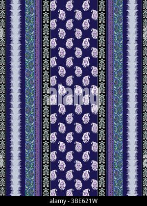 Striped paisley pattern fabric design in shades of purple and blue Stock Vector