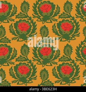 Repeating pattern of red roses and green leaves on mustard yellow background Stock Vector