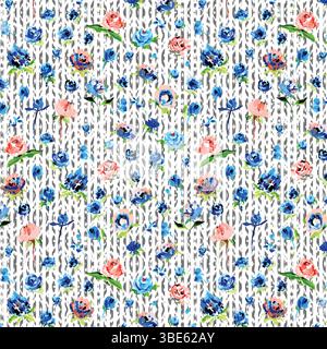 Watercolor floral knit pattern fabric design blue pink roses Stock Vector