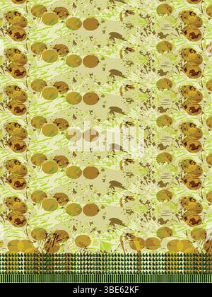 Abstract green and gold pattern with circular elements and geometric border Stock Vector