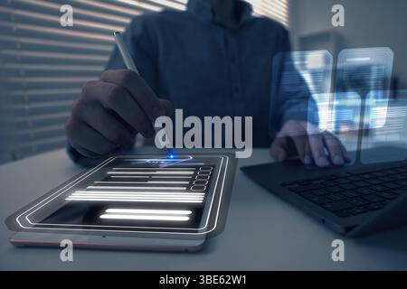 Man signing electronic document with stylus pen on virtual screen above tablet computer, closeup Stock Photo