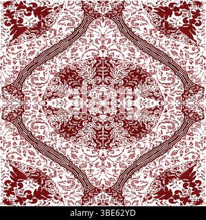 Intricate maroon and white symmetrical pattern design textile print Stock Vector