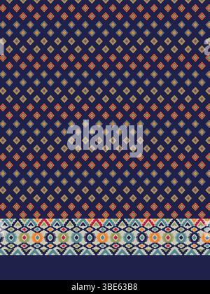 Navy blue and multicolored diamond and ikat pattern fabric design Stock Vector