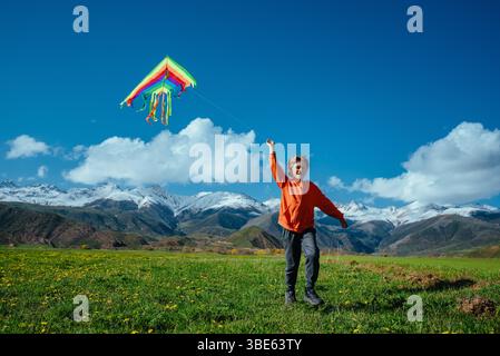 Happy boy with kite on green field on mountains background Stock Photo