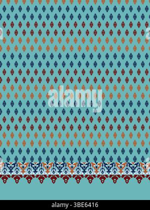 Teal and multicolored diamond pattern fabric design with ornate border Stock Vector