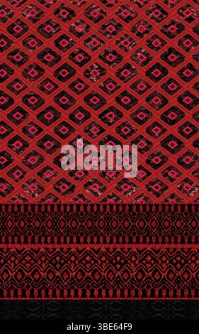 Red and black geometric textile pattern with intricate design elements Stock Vector