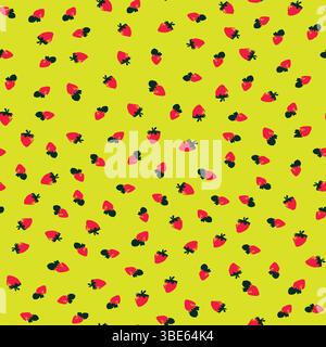 Scattered red strawberries on a vibrant lime green background seamless pattern Stock Vector