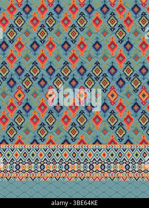 Vibrant teal and multicolored diamond pattern textile design Stock Vector