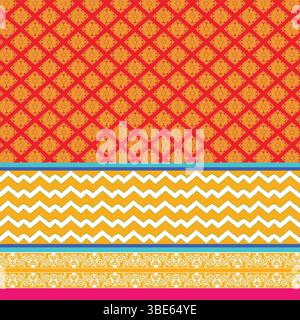 Vibrant red and gold geometric textile design with chevron and floral border Stock Vector