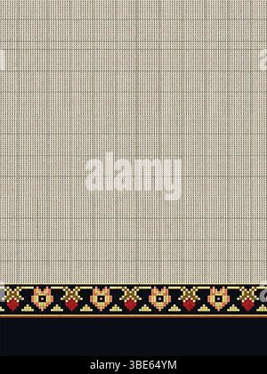 Beige fabric with cross stitch border design featuring floral and geometric motifs Stock Vector