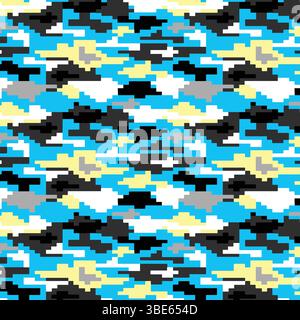 Abstract pixelated camouflage pattern in blue black white and yellow Stock Vector