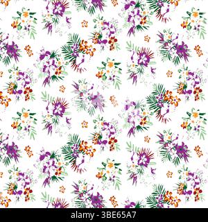 Seamless tropical floral pattern purple orange white flowers green leaves textile print design Stock Vector