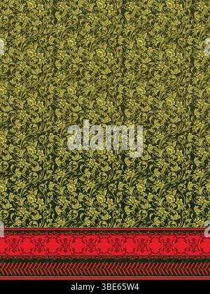 Elegant green and gold damask fabric with red and black border design Stock Vector