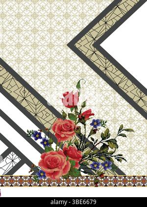 Elegant floral textile design with geometric pattern and diagonal stripes Stock Vector
