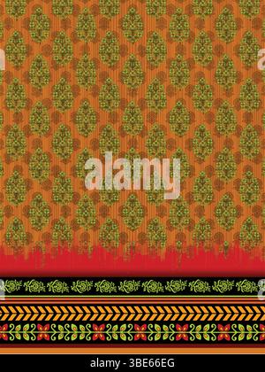 Orange and green floral textile design with intricate border Stock Vector