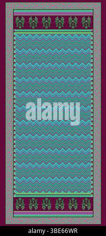 Teal and purple chevron patterned fabric design with ornate border Stock Vector