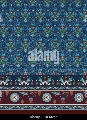 Intricate blue and maroon floral damask pattern with border Stock Vector