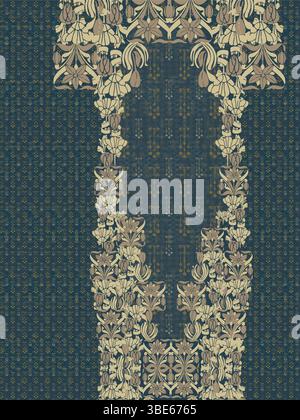 Elegant teal and beige floral textile design with art nouveau influences Stock Vector