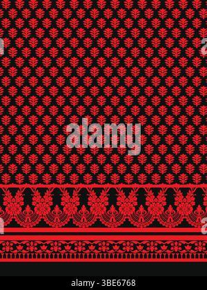 Red and black floral textile pattern design with intricate border Stock Vector