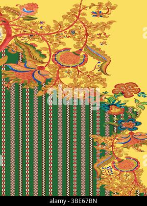 Vibrant floral and striped textile design featuring intricate branching patterns and bold colors Stock Vector