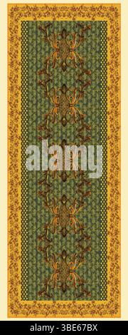 Elegant green and gold damask table runner design with intricate floral border Stock Vector
