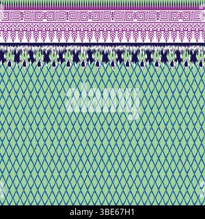 Elegant green and purple geometric textile design with intricate border Stock Vector