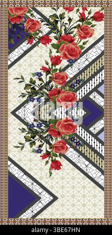 Elegant floral textile design with geometric pattern and red roses Stock Vector