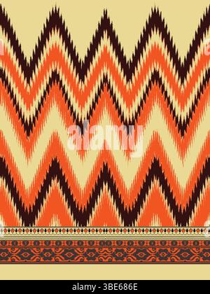 Abstract zigzag ikat pattern with orange and brown hues and a decorative border Stock Vector