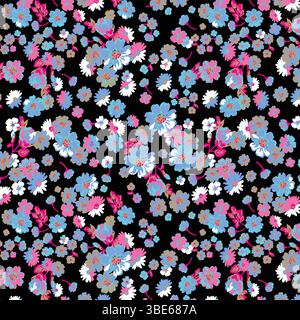 Vibrant small scale floral print on black background textile fabric design Stock Vector