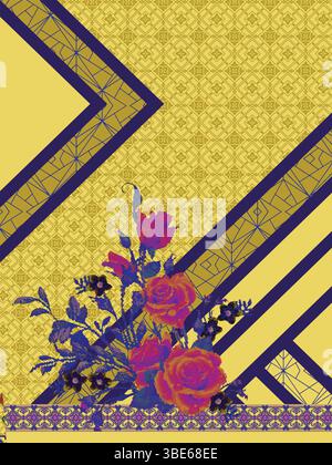 Vibrant floral textile design with geometric pattern and diagonal stripes Stock Vector