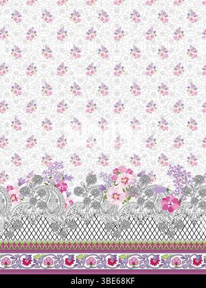 Elegant white floral fabric design with delicate pink and purple accents and intricate border Stock Vector