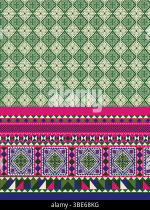 Vibrant green and pink geometric textile design with intricate ethnic patterns Stock Vector
