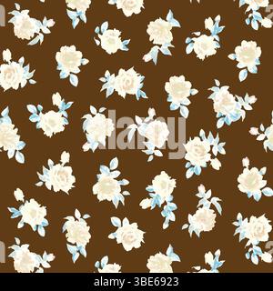 Charming off white roses on brown background seamless pattern design Stock Vector