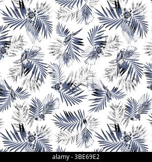 Indigo blue and gray tropical parrot and palm leaf seamless pattern design Stock Vector