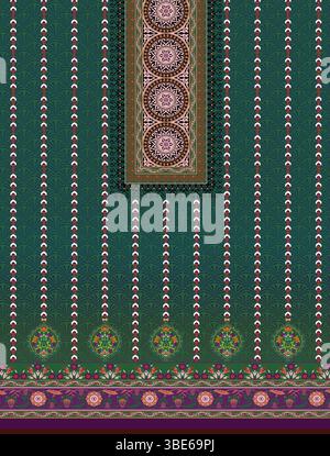 Elegant teal and multicolored textile design with intricate floral and geometric patterns Stock Vector