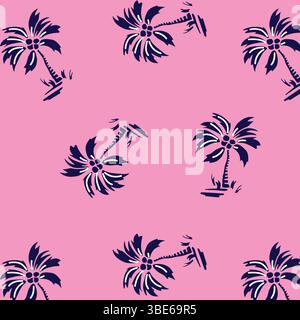 Seamless pink background pattern with dark blue stylized palm trees Stock Vector