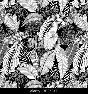 Black and white tropical leaf seamless pattern design for fabric and wallpaper Stock Vector